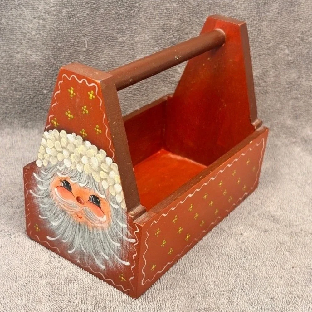 Vintage Hand Painted Wooden Santa Caddy Folk Art Christmas Decor 7 Inch